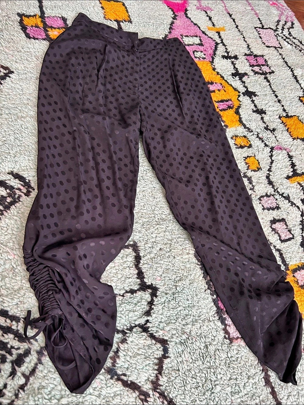 Tibi Silk Polka Dot Ruched Pants in Black